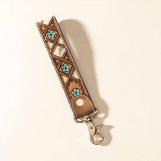 Moonflower Hand-Tooled Hairon Leather Key Fob in Sienna Sky