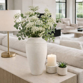 Ivory Terracotta Round Ribbed Floor Vase, 16 in.