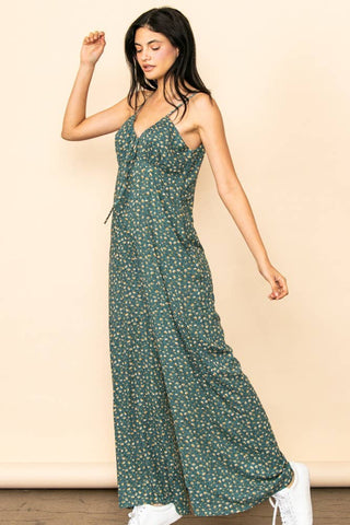 Vintage Tiny Floral Wide Leg Flowy Jumpsuit with Pockets