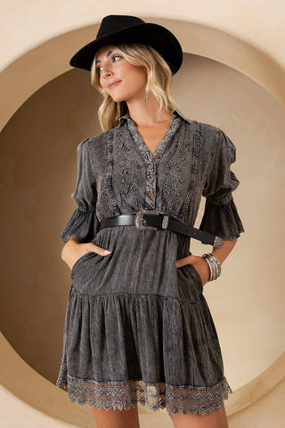 Vintage Romance Stone-Washed Baby Doll Dress with V-Neck