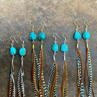 Turquoise & Mini Feather Earrings - Teal Grizzly & Fawn/Gold