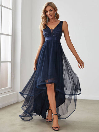 Sequin High-Low V Neck Tulle Dress
