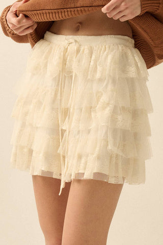 Lace and Tulle Tiered Ruffle Mini Skirt