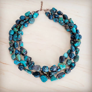 Large Triple Strand Natural Turquoise & Copper Collar Necklace