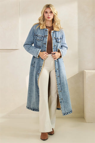 Teddy Lined Long Denim Jacket