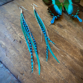 Mini Feather Earrings - Green & Turquoise Grizzly / Silver
