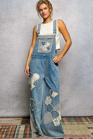 Embroidery Floral Patchwork Buckle Back Woven Denim Overalls