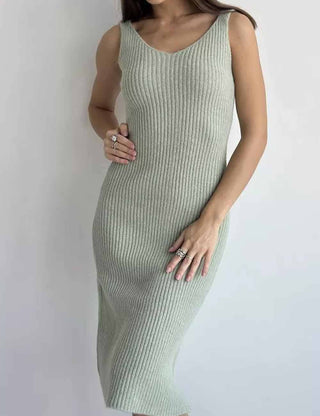 Chic Knit Midi Dress & Cardigan – Solid Color 2PCS Ensemble
