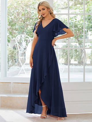 V Neck High Low Ruffles Chiffon Bridesmaid Dress