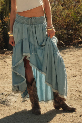Tencel Denim High-Low Ruffle Maxi Skirt