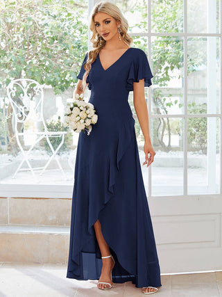 V Neck High Low Ruffles Chiffon Bridesmaid Dress