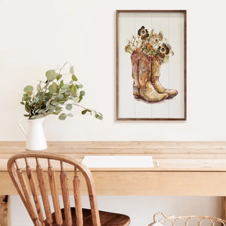 Brown Cowboy Boots with Flowers Rustic Wood Wall Art in Walnut Frame 10x16