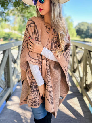 Camel Elegant Floral Print Cape Shawl Ruana Cardigan
