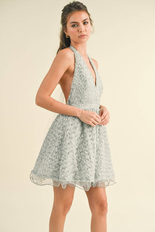 APPLIQUE MESH HALTER A- LINE MINI DRESS