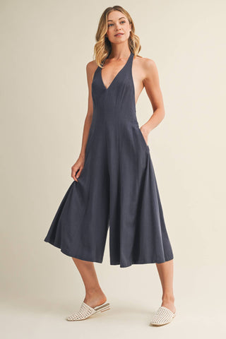 Midnight Blue Halter Wide-Leg Jumpsuit