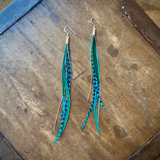 Mini Feather Earrings - Green & Turquoise Grizzly / Silver