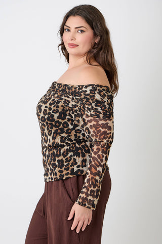 Plus Size Leopard Print Off-the-Shoulder Blouse