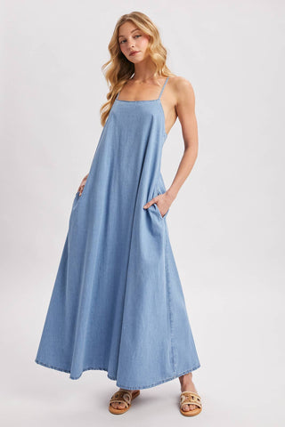 Denim Open Back Sleeveless Maxi Dress Laciann Collective Denim Open Back Sleeveless Maxi Dress Laciann Collective