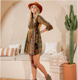 Rustic Bohemian Fit and Flare Patchwork Mini Dress