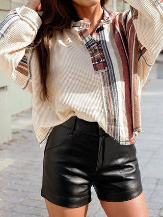 Waffle Patchwork Exposed Seam Raw Edge Casual Knit Top – Beige