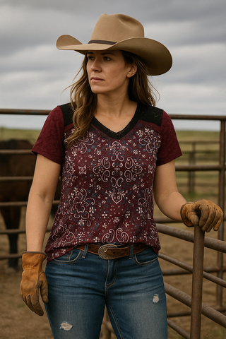 Western Lace Trim V-Neck Short Sleeve Top