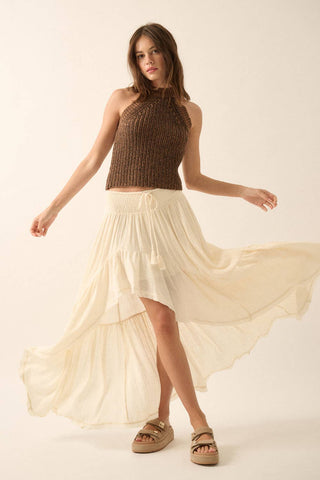 Boho Tassel High‑Low Ruffle Maxi Skirt