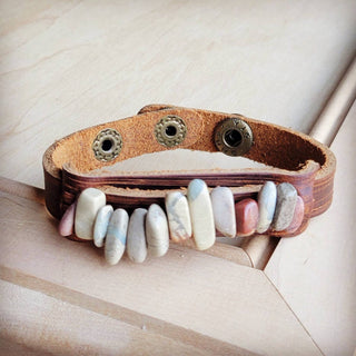 Genuine Leather Narrow Cuff with Aqua Terra Stones