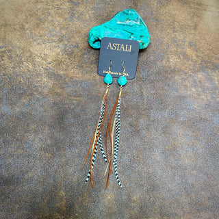 Turquoise & Mini Feather Earrings - Teal Grizzly & Fawn/Gold