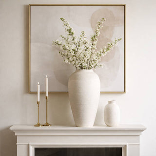 Ivory Terracotta Round Ribbed Floor Vase, 16 in.