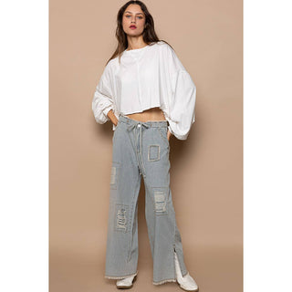 Pol Clothing Distressed Stripe Denim Wide-Leg Jeans