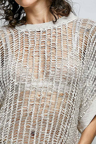 Open-Weave Textured Knit Boxy Top - Natural Multi