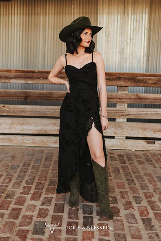 Black Velvet Floral Maxi Dress with Slit | Laciann Collective