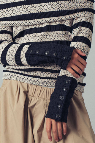 Off-Shoulder Striped Button Cuff Knit Top