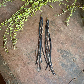 Leather & Feather Long Earrings - Black & Grizzly / Silver