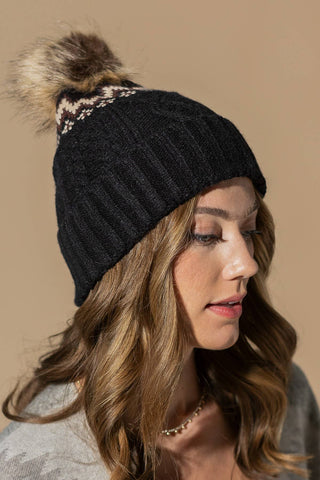 Pattern Knit Beanie with Pom Pom