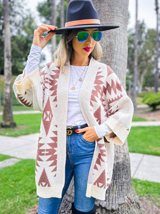 Brown Open Front Aztec Printed Knitted Cardigan