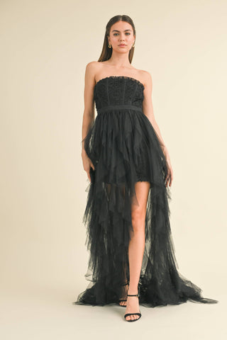 Appliqué Ruffle Tulle Gown – Black Edition