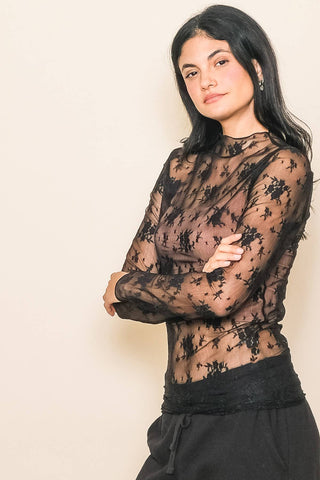 Lace Mock Neck Long Sleeve Floral Embroidered Layering Top