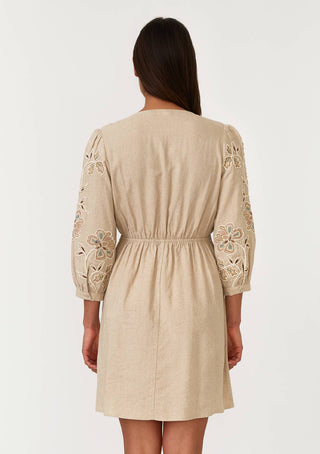 Embroidered 3/4 Sleeve V-Neck Mini Dress