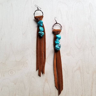 Leather Fringe Earrings with Turquoise Chunks