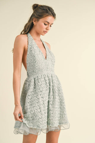 APPLIQUE MESH HALTER A- LINE MINI DRESS