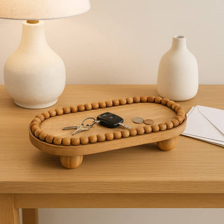 Mango Wood Decorative Tray with Beaded Ball Feet, 16 in.