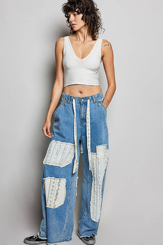 Boho Vintage Patchwork Denim Wide Leg Pants