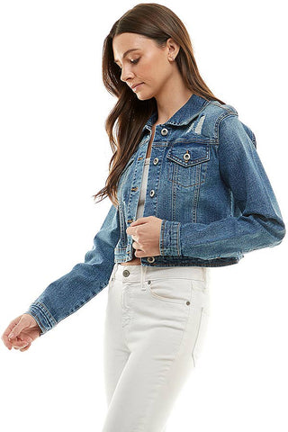 Women's Distressed Denim Jacket - 100% Cotton Classic Blue