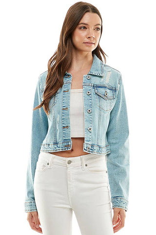 Women's Distressed Denim Jacket - 100% Cotton Classic Blue