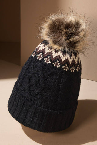 Pattern Knit Beanie with Pom Pom