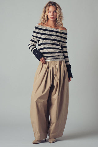 Off-Shoulder Striped Button Cuff Knit Top