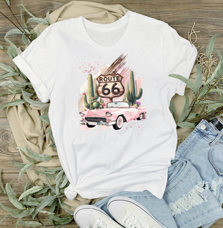 Route 66 Pink Vintage Car T-Shirt