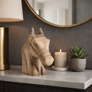 Handcrafted Wood Horse Head Figurine – Brown, 11 in.