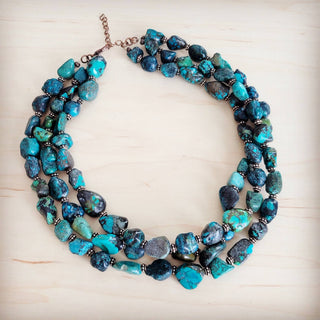 Large Triple Strand Natural Turquoise & Copper Collar Necklace